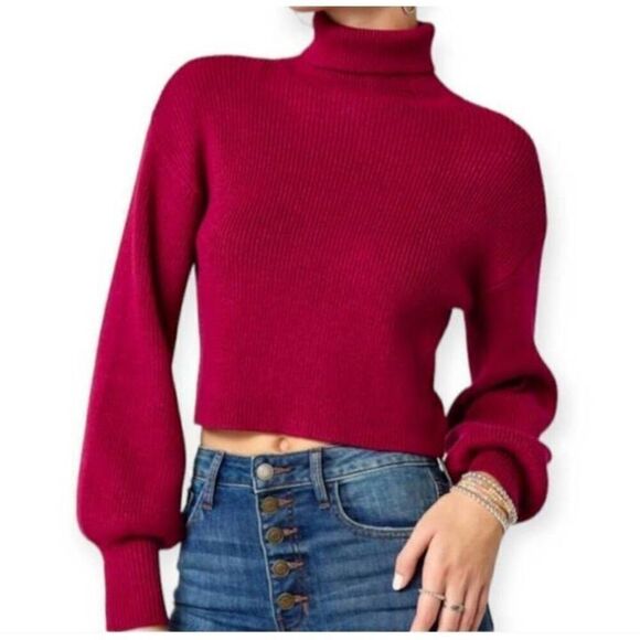 FRANCESCA'S BLUE RAIN BURGUNDY/FUCHSIA CROP BALLOON SLEEVE TURTLENECK SWEATER - Picture 1 of 10